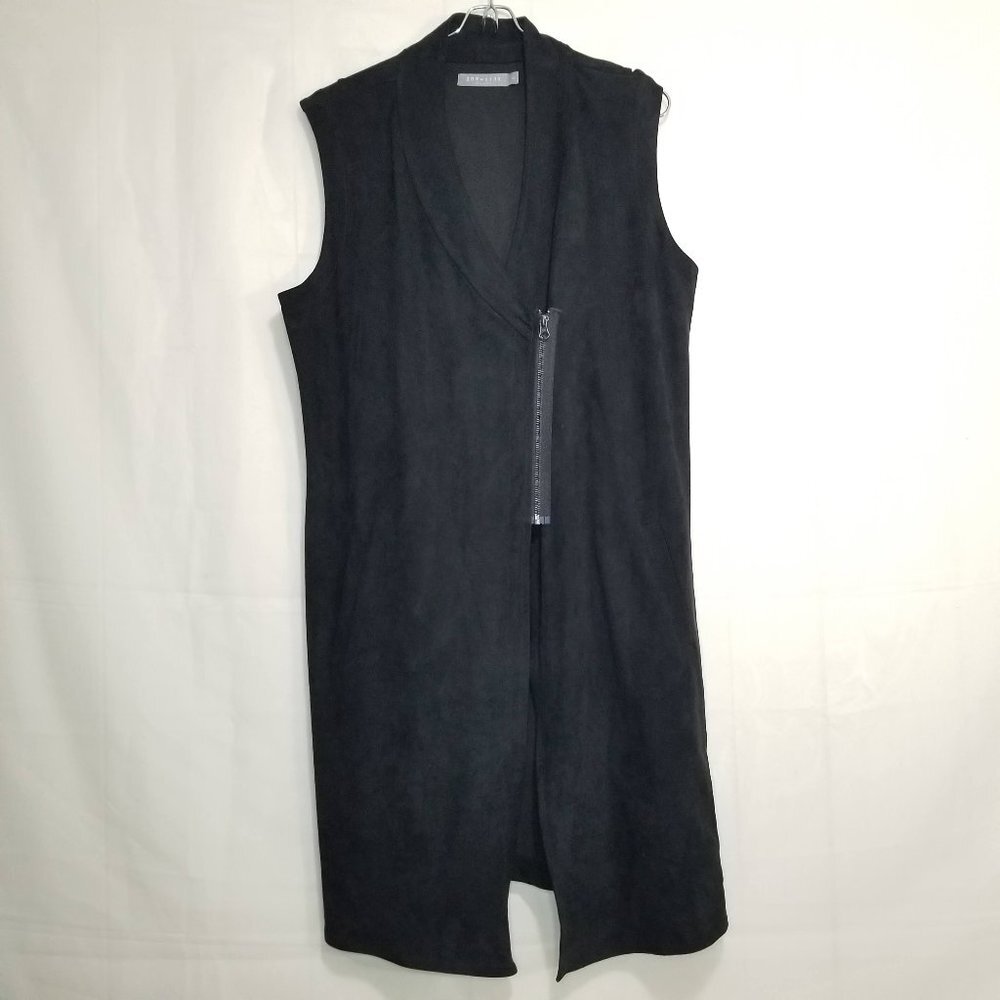 209wst 38 long vest black sz Xl lagenlook vegan faux suede duster side zipper
